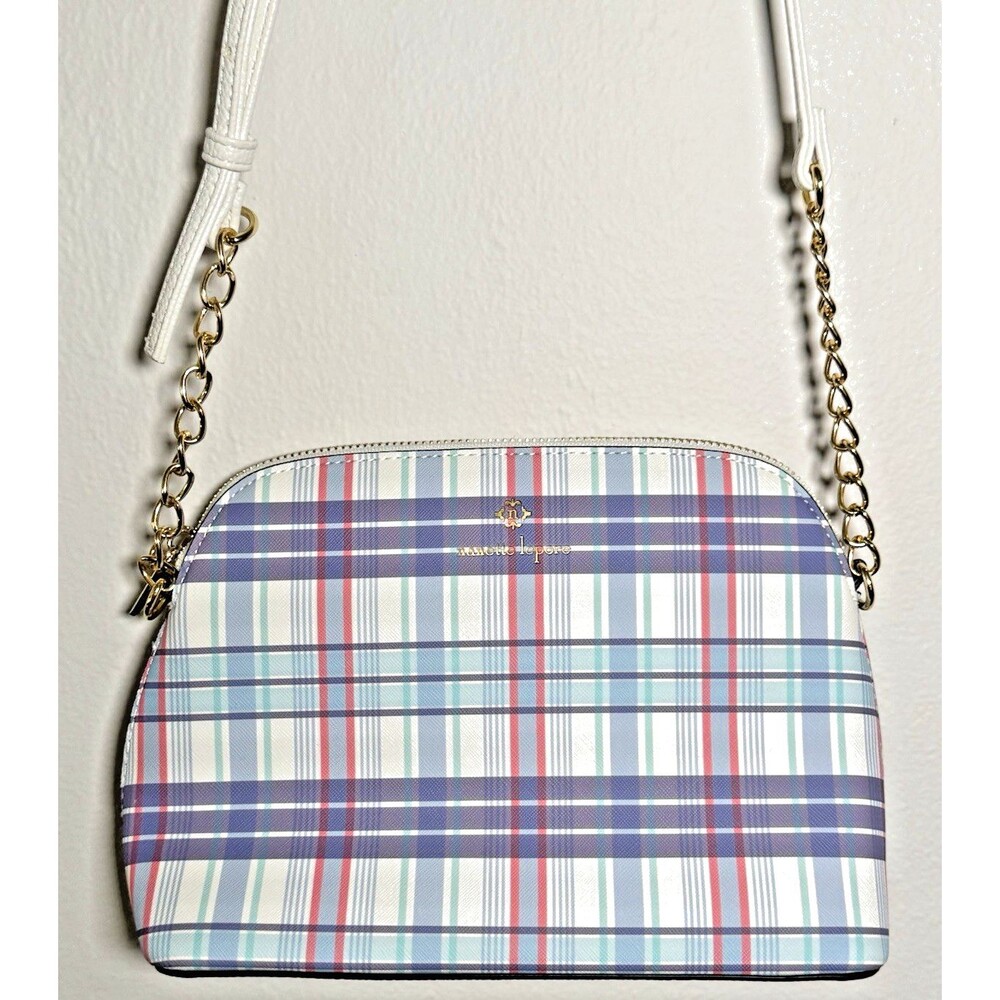 Nanette Lepore Pastel Blue Multi Plaid Faux Leather Crossbody Bag